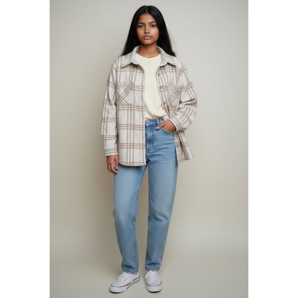 Members Mark Cozy Button Down Plaid Shacket Women SZ L Beige Blue Long Sleeve